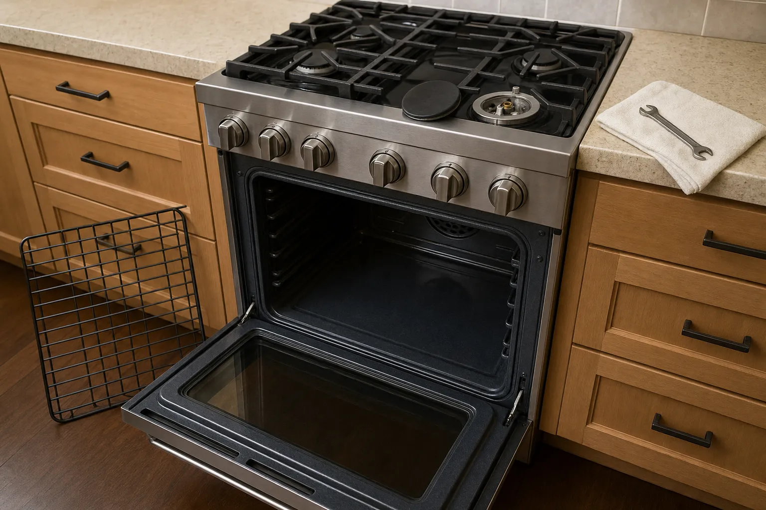 Stainless gas range with the oven door open and one cooktop burner stripped to its base, wrench on the counter