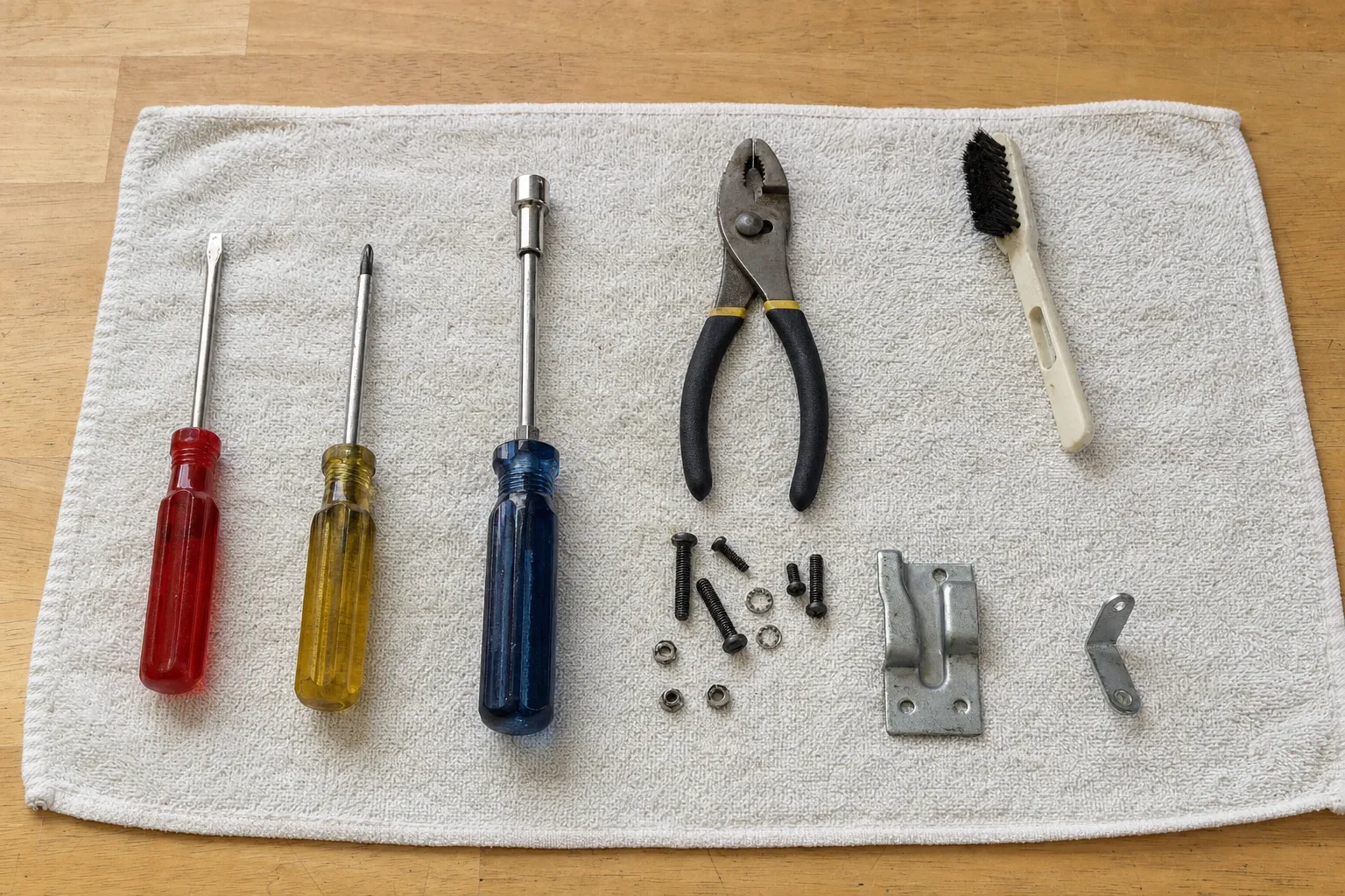 Three screwdrivers, slip-joint pliers and a wire brush on a towel beside loose screws and a bracket