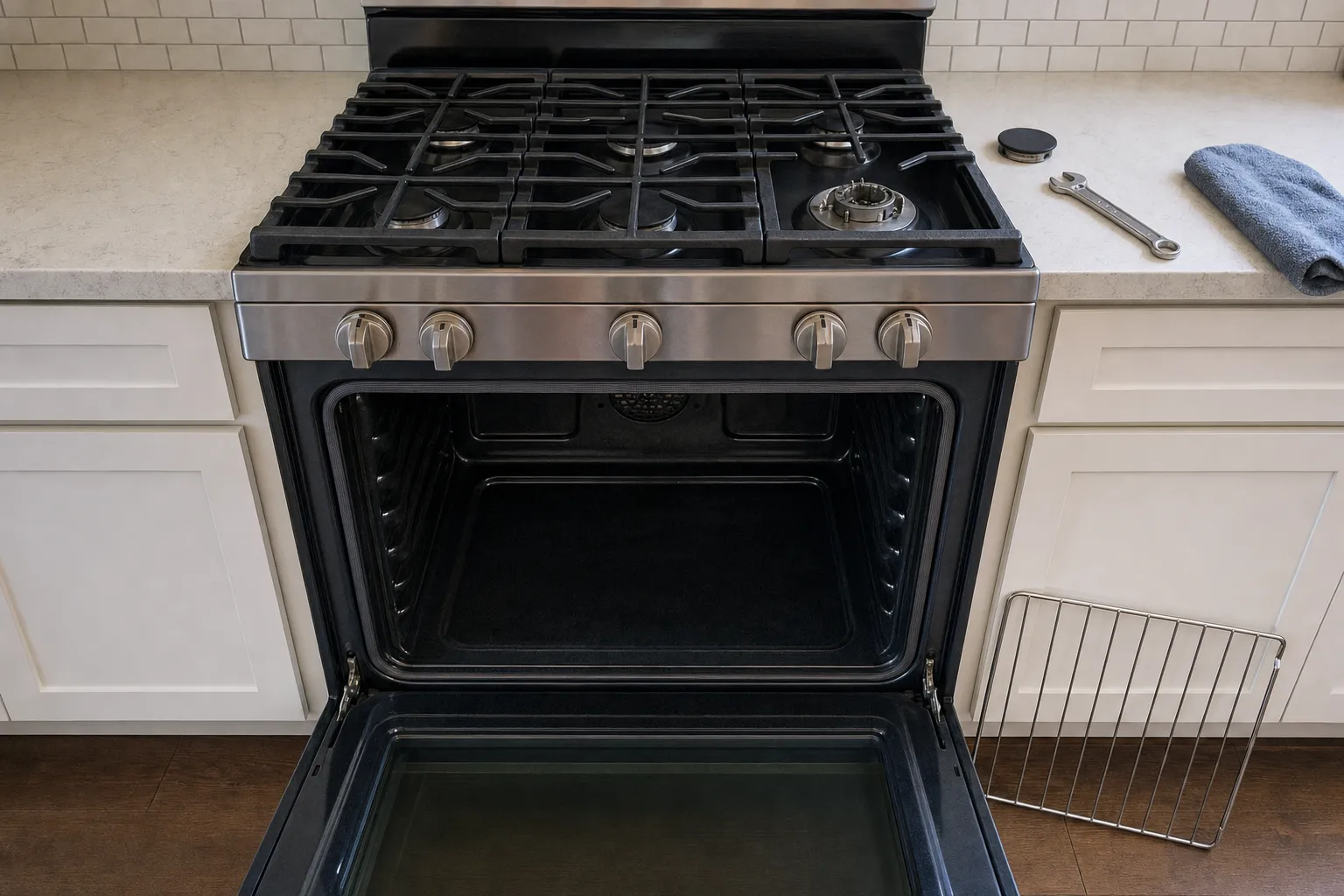 Five-burner gas range with its stainless control fascia and five knobs above an oven door fully open on a bare cavity, the rack propped against the lower cabinet