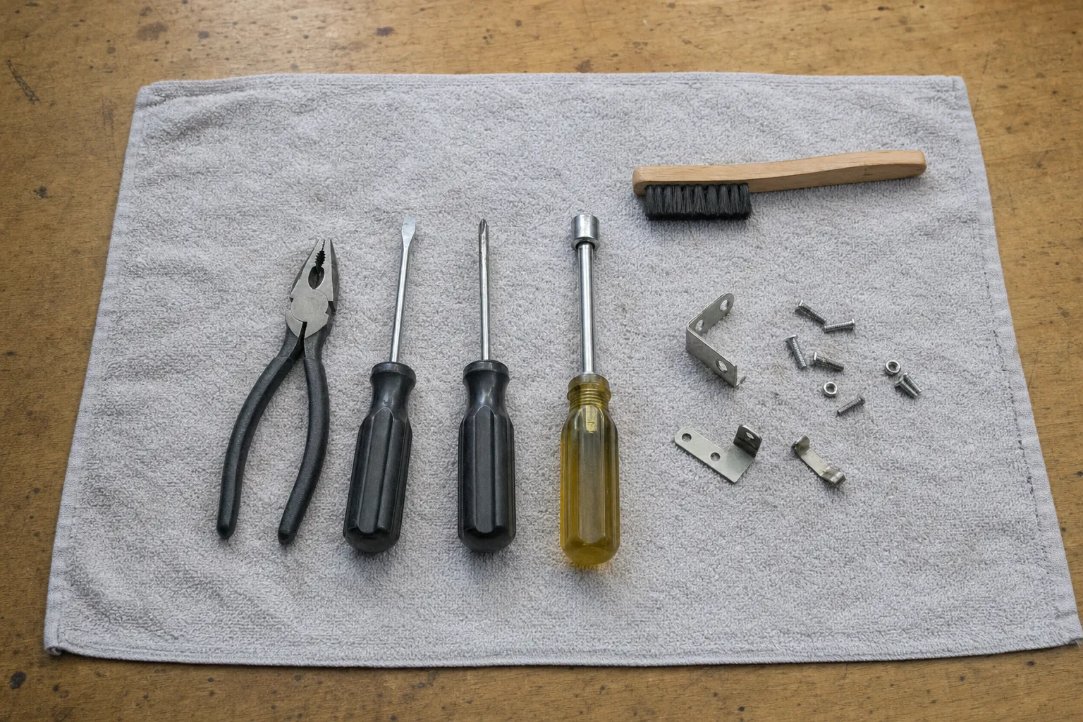 Slip-joint pliers, two black screwdrivers, a nut driver and a wooden brush on a grey towel beside small angle brackets and screws