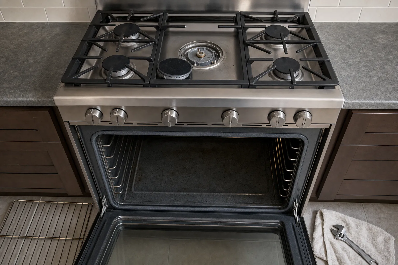 Gas range with the cap off its large centre burner, oven door open on bare rack ladders, a rack on the floor and a wrench on a towel