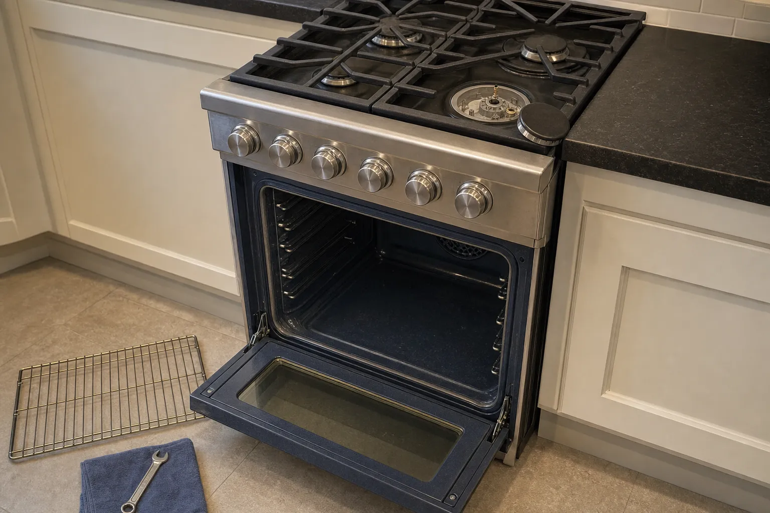 Compact gas range between cream shaker cabinets, oven door down on a cavity with side rack ladders and a round rear fan cover