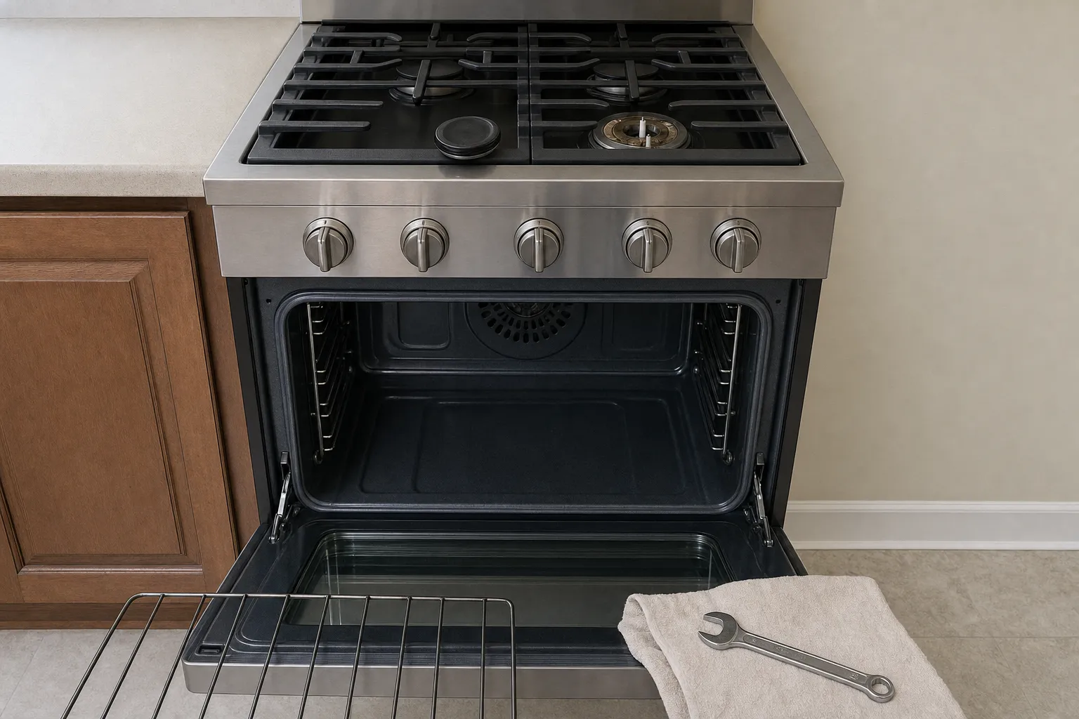 Gas range with the oven door open on a dark cavity, round fan cover on the back wall, a rack on the floor and a wrench on a folded towel